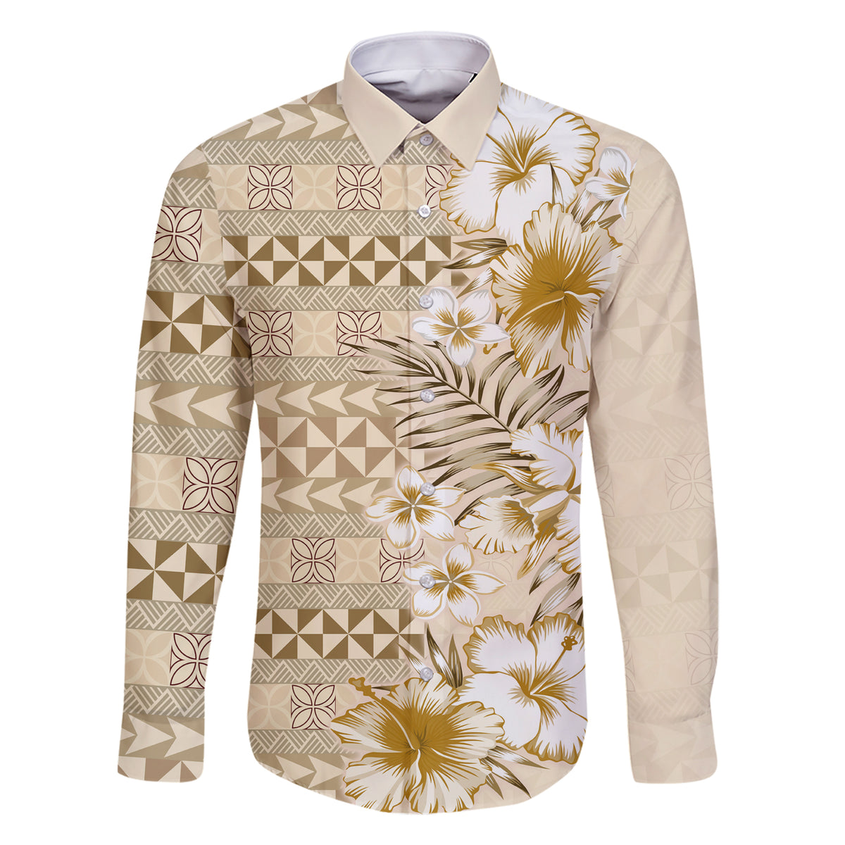 Pasifika Sataoa Pattern Plumeria Vintage Family Matching Short Sleeve Bodycon Dress and Hawaiian Shirt Beige Tan LT9 Dad's Shirt - Long Sleeve Beige Tan - Polynesian Pride