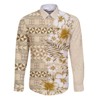 Pasifika Sataoa Pattern Plumeria Vintage Family Matching Short Sleeve Bodycon Dress and Hawaiian Shirt Beige Tan LT9 Dad's Shirt - Long Sleeve Beige Tan - Polynesian Pride