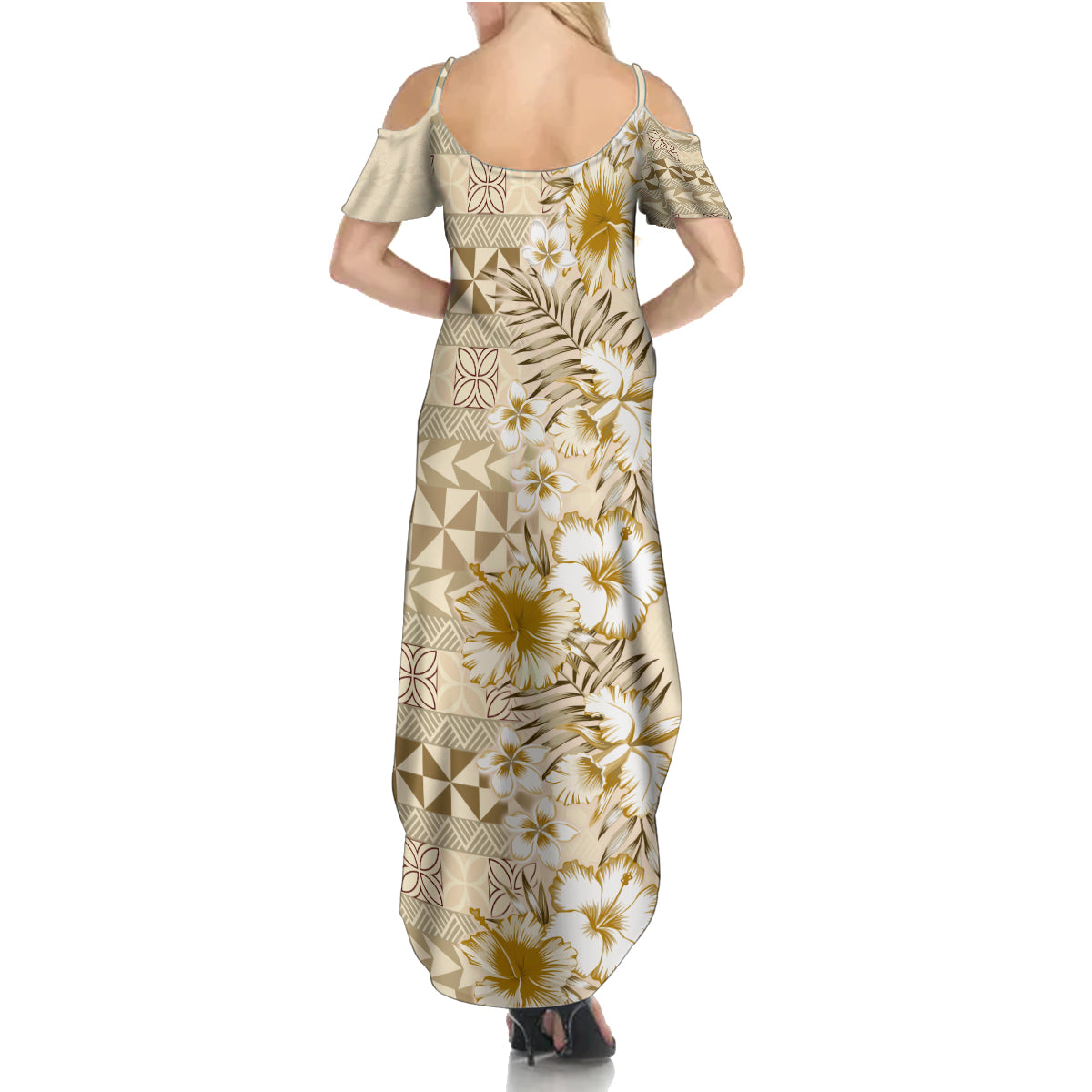Pasifika Sataoa Pattern Plumeria Vintage Family Matching Summer Maxi Dress and Hawaiian Shirt Beige Tan LT9 - Polynesian Pride