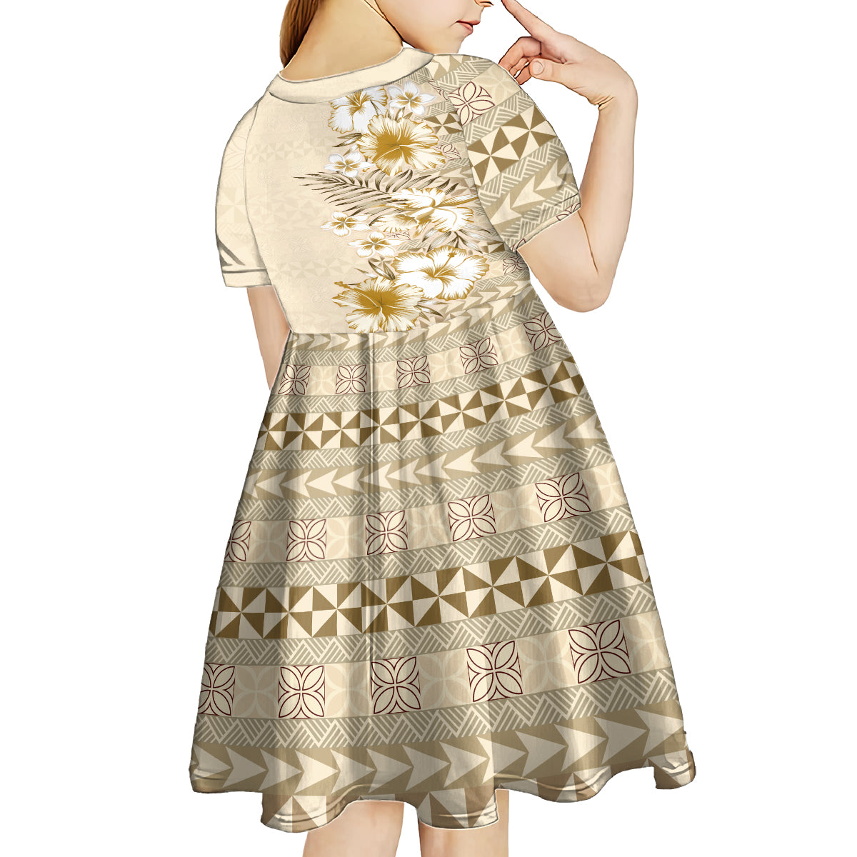 Pasifika Sataoa Pattern Plumeria Vintage Kid Short Sleeve Dress Beige Tan LT9 - Polynesian Pride
