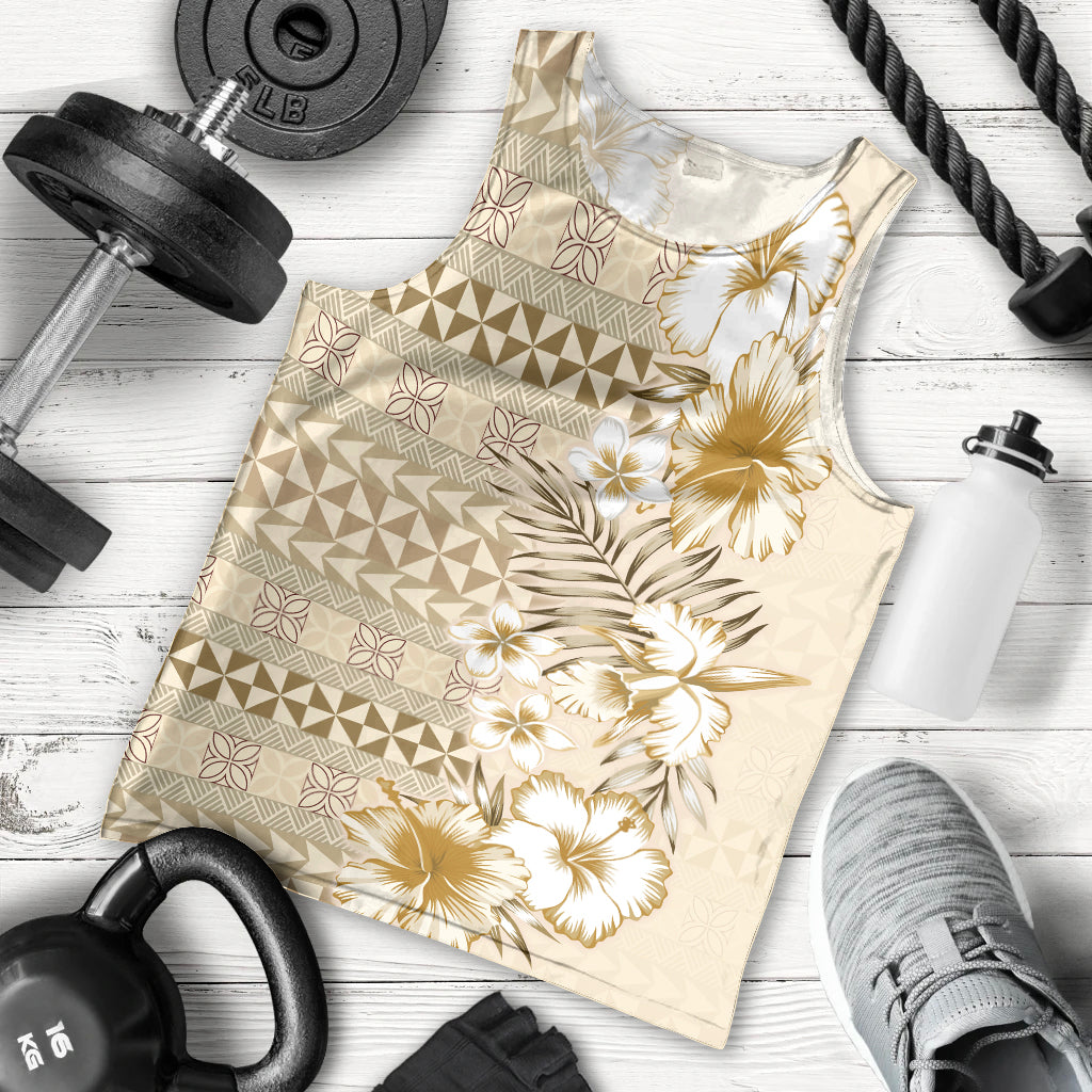 Pasifika Sataoa Pattern Plumeria Vintage Men Tank Top Beige Tan LT9 - Polynesian Pride