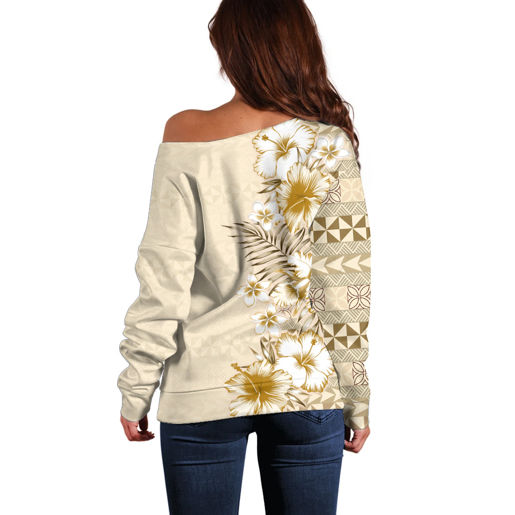 Pasifika Sataoa Pattern Plumeria Vintage Off Shoulder Sweater Beige Tan LT9 - Polynesian Pride