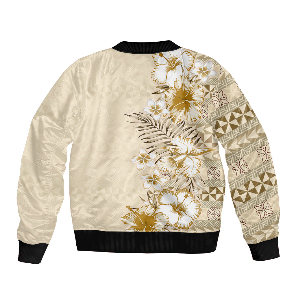 Pasifika Sataoa Pattern Plumeria Vintage Sleeve Zip Bomber Jacket Beige Tan LT9 - Polynesian Pride