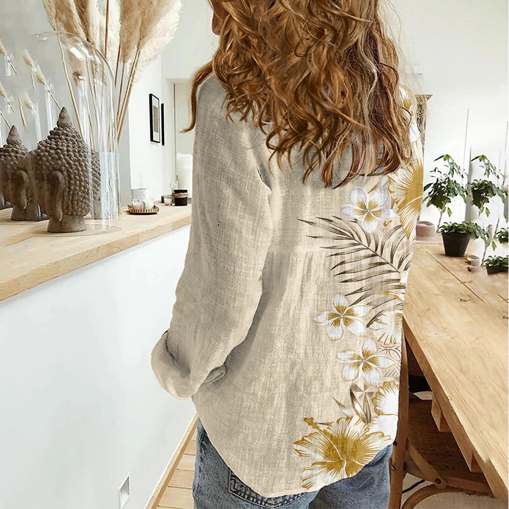 Pasifika Sataoa Pattern Plumeria Vintage Women Casual Shirt Beige Tan LT9 - Polynesian Pride