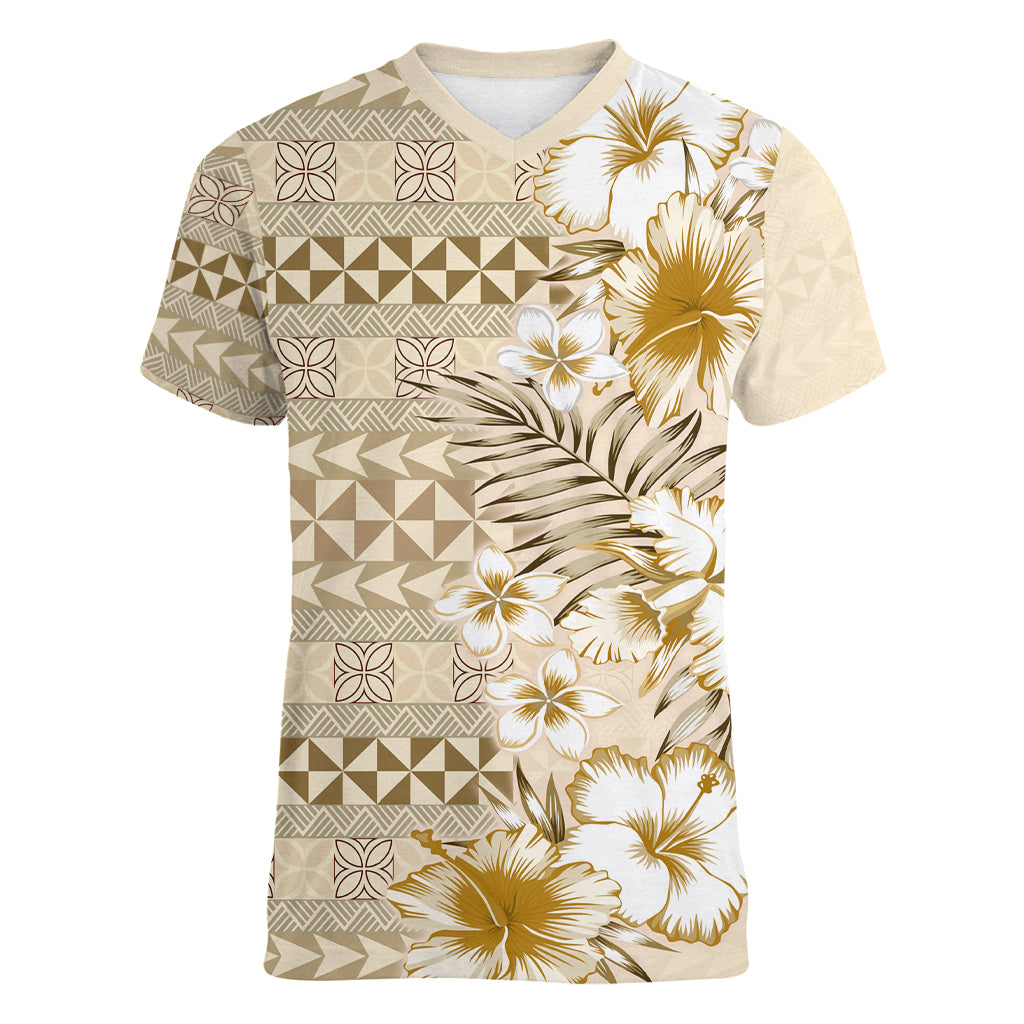 Pasifika Sataoa Pattern Plumeria Vintage Women V Neck T Shirt Beige Tan LT9 Female Beige Tan - Polynesian Pride