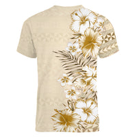 Pasifika Sataoa Pattern Plumeria Vintage Women V Neck T Shirt Beige Tan LT9 - Polynesian Pride