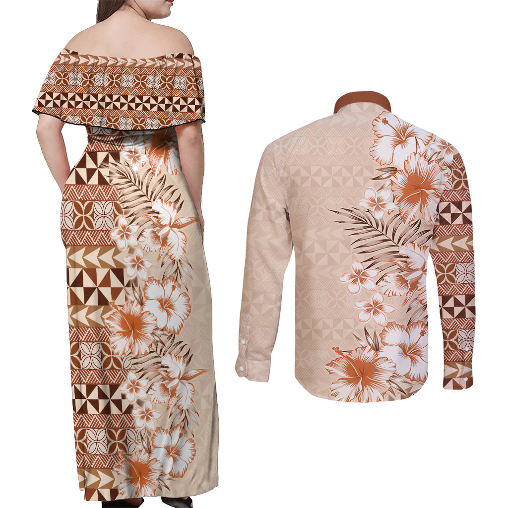 Pasifika Sataoa Pattern Plumeria Vintage Couples Matching Off Shoulder Maxi Dress and Long Sleeve Button Shirt Brown Beige Tan LT9 - Polynesian Pride