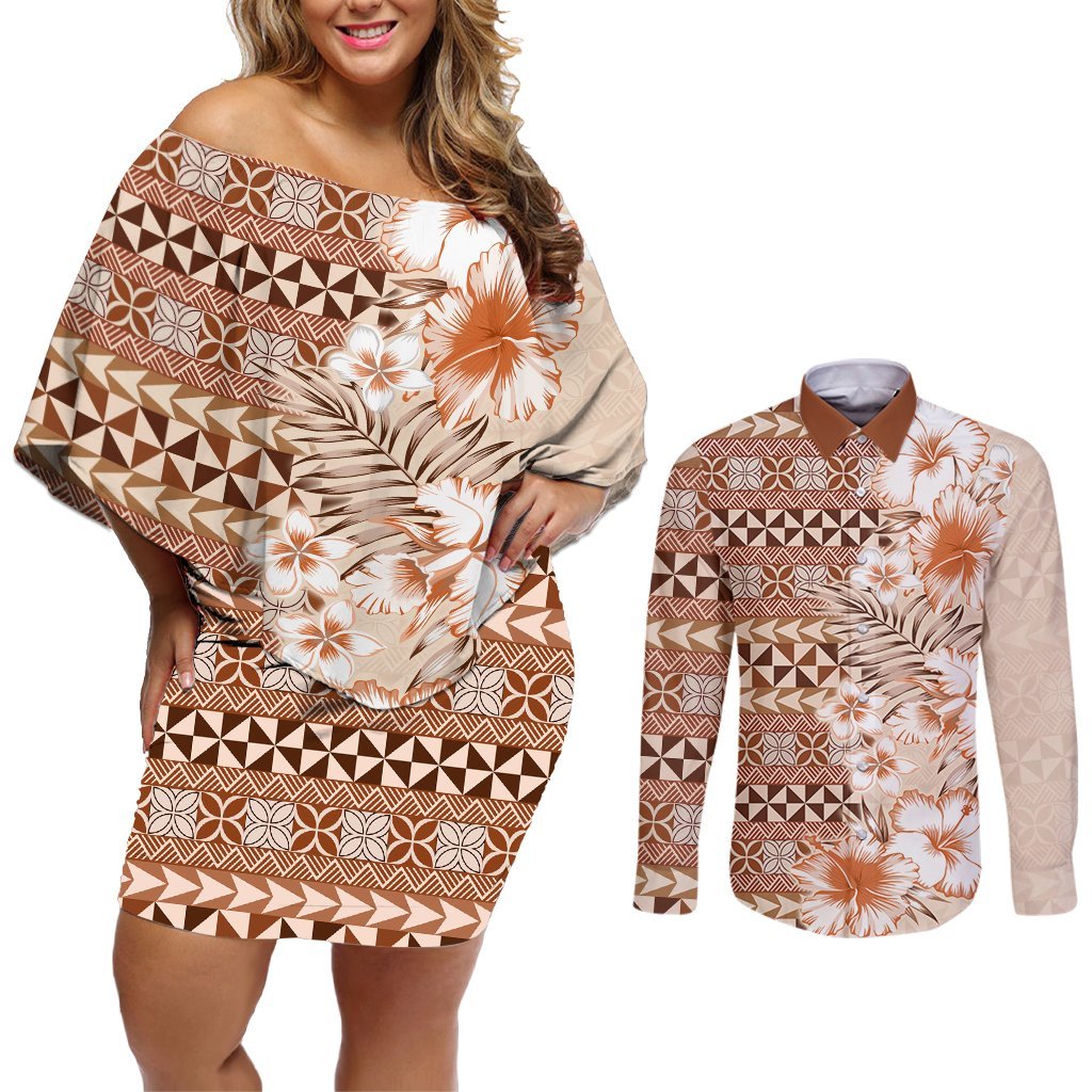 Pasifika Sataoa Pattern Plumeria Vintage Couples Matching Off Shoulder Short Dress and Long Sleeve Button Shirt Brown Beige Tan LT9 Brown - Polynesian Pride