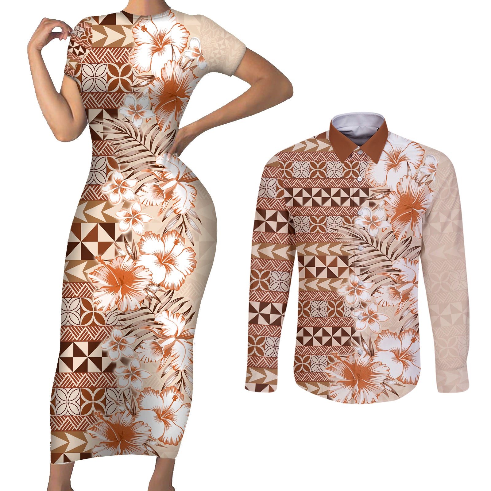 Pasifika Sataoa Pattern Plumeria Vintage Couples Matching Short Sleeve Bodycon Dress and Long Sleeve Button Shirt Brown Beige Tan LT9 Brown - Polynesian Pride