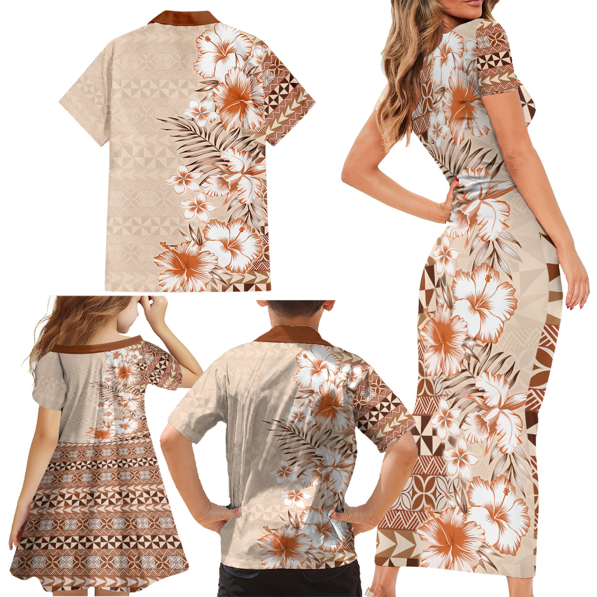 Pasifika Sataoa Pattern Plumeria Vintage Family Matching Short Sleeve Bodycon Dress and Hawaiian Shirt Brown Beige Tan LT9 - Polynesian Pride