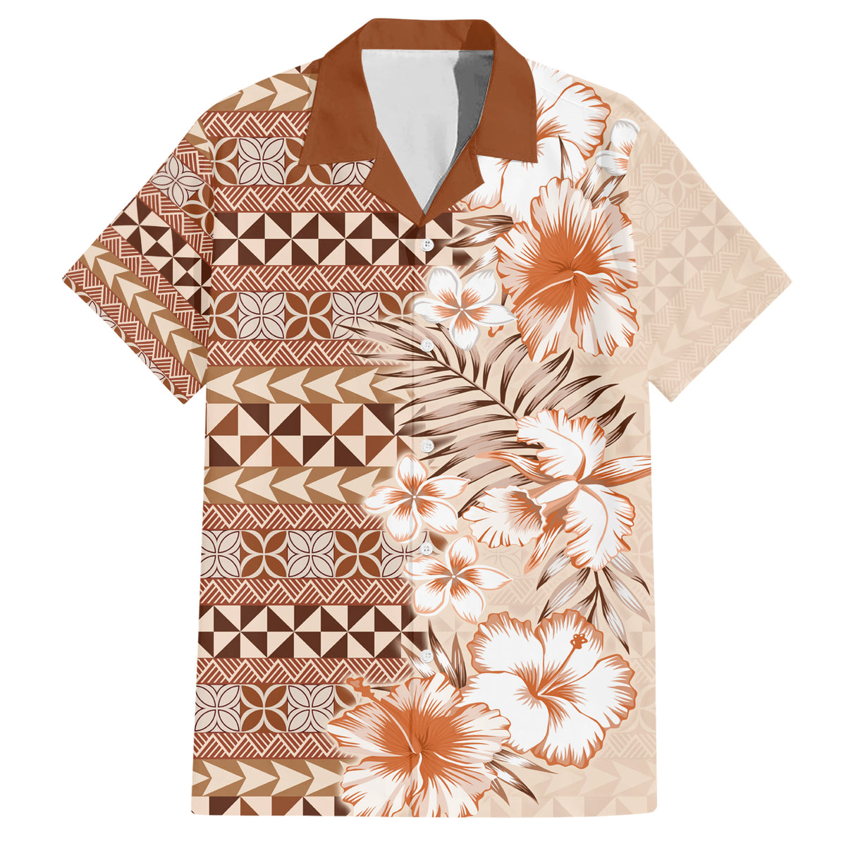 Pasifika Sataoa Pattern Plumeria Vintage Family Matching Short Sleeve Bodycon Dress and Hawaiian Shirt Brown Beige Tan LT9 Dad's Shirt - Short Sleeve Brown - Polynesian Pride