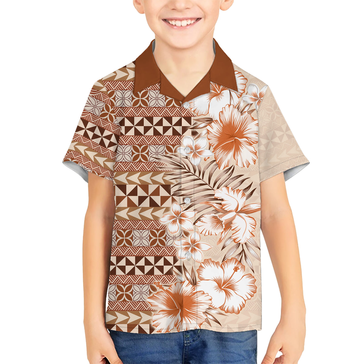 Pasifika Sataoa Pattern Plumeria Vintage Family Matching Short Sleeve Bodycon Dress and Hawaiian Shirt Brown Beige Tan LT9 Son's Shirt Brown - Polynesian Pride