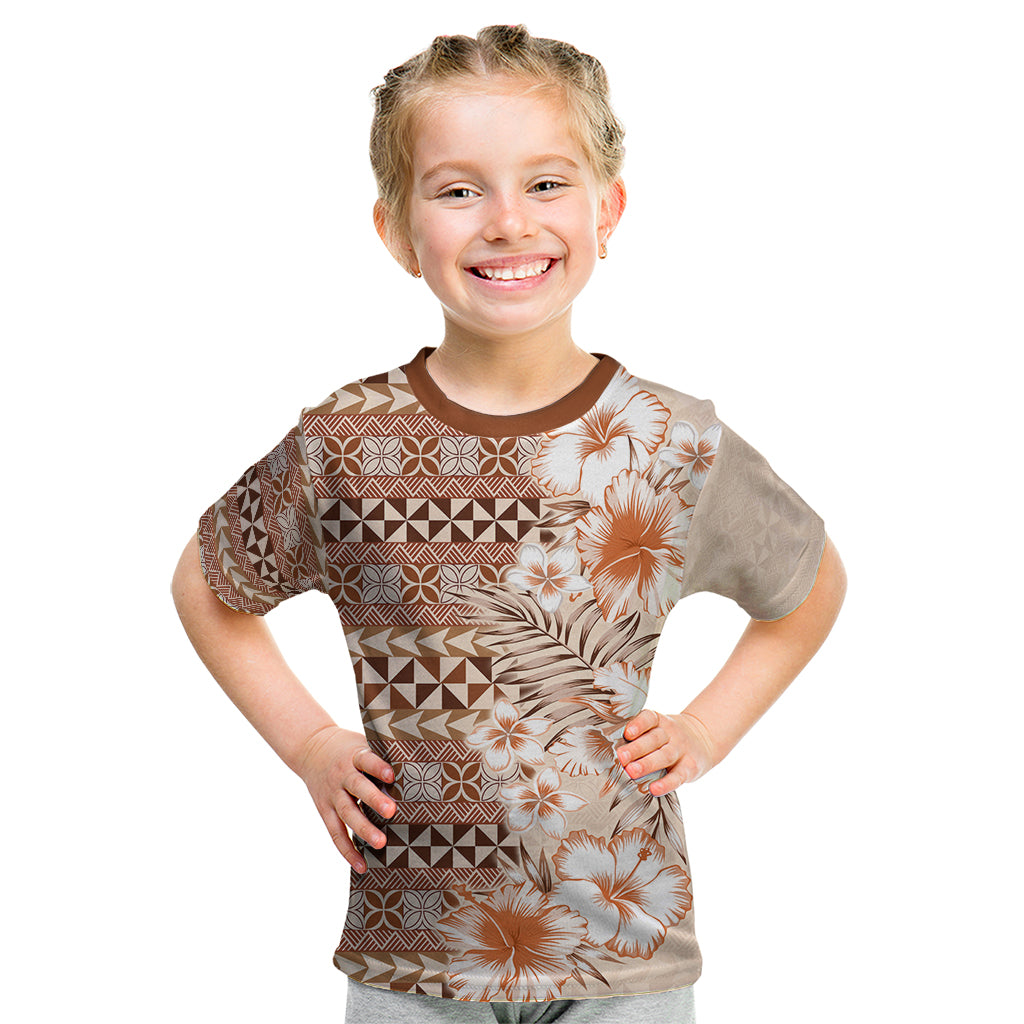 Pasifika Sataoa Pattern Plumeria Vintage Kid T Shirt Brown Beige Tan LT9 Brown - Polynesian Pride