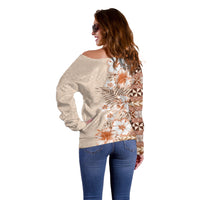 Pasifika Sataoa Pattern Plumeria Vintage Off Shoulder Sweater Brown Beige Tan LT9 - Polynesian Pride