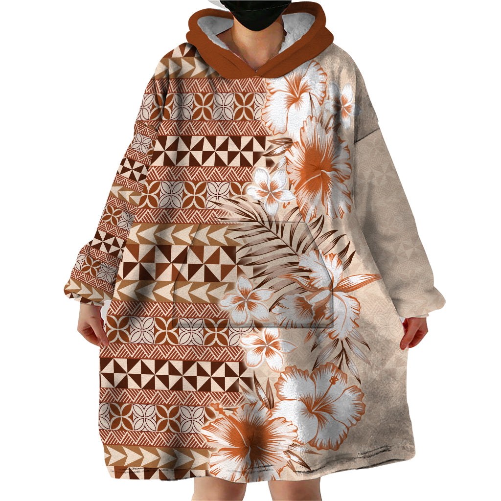 Pasifika Sataoa Pattern Plumeria Vintage Wearable Blanket Hoodie Brown Beige Tan LT9 - Polynesian Pride