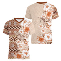 Pasifika Sataoa Pattern Plumeria Vintage Women V Neck T Shirt Brown Beige Tan LT9 - Polynesian Pride