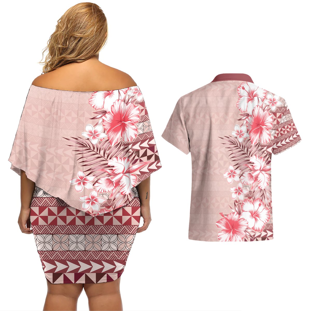 Pasifika Sataoa Pattern Plumeria Vintage Couples Matching Off Shoulder Short Dress and Hawaiian Shirt Cherry LT9 - Polynesian Pride
