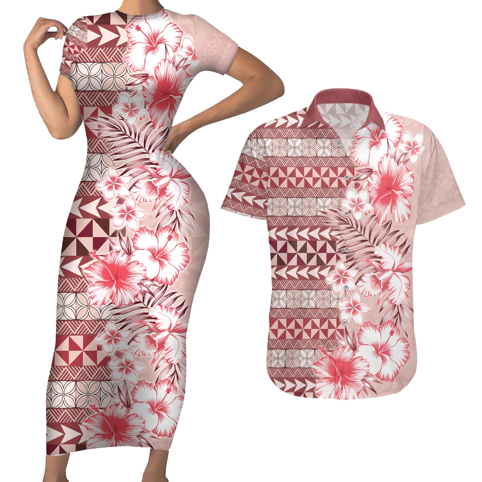 Pasifika Sataoa Pattern Plumeria Vintage Couples Matching Short Sleeve Bodycon Dress and Hawaiian Shirt Cherry LT9 Cherry - Polynesian Pride