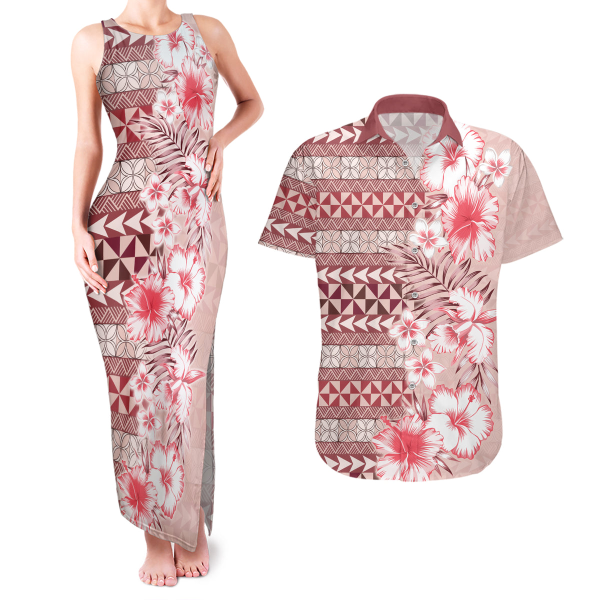 Pasifika Sataoa Pattern Plumeria Vintage Couples Matching Tank Maxi Dress and Hawaiian Shirt Cherry LT9 Cherry - Polynesian Pride