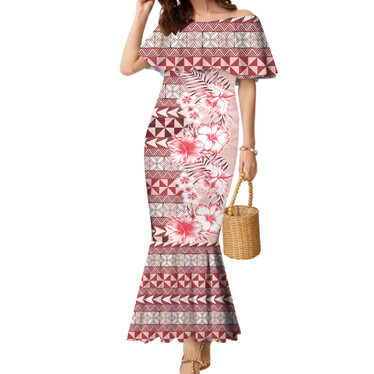 Pasifika Sataoa Pattern Plumeria Vintage Family Matching Mermaid Dress and Hawaiian Shirt Cherry LT9 Mom's Dress Cherry - Polynesian Pride