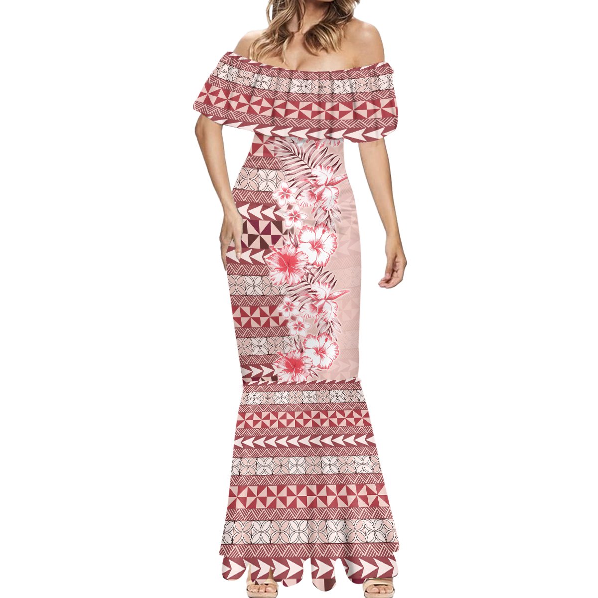 Pasifika Sataoa Pattern Plumeria Vintage Mermaid Dress Cherry LT9 - Polynesian Pride
