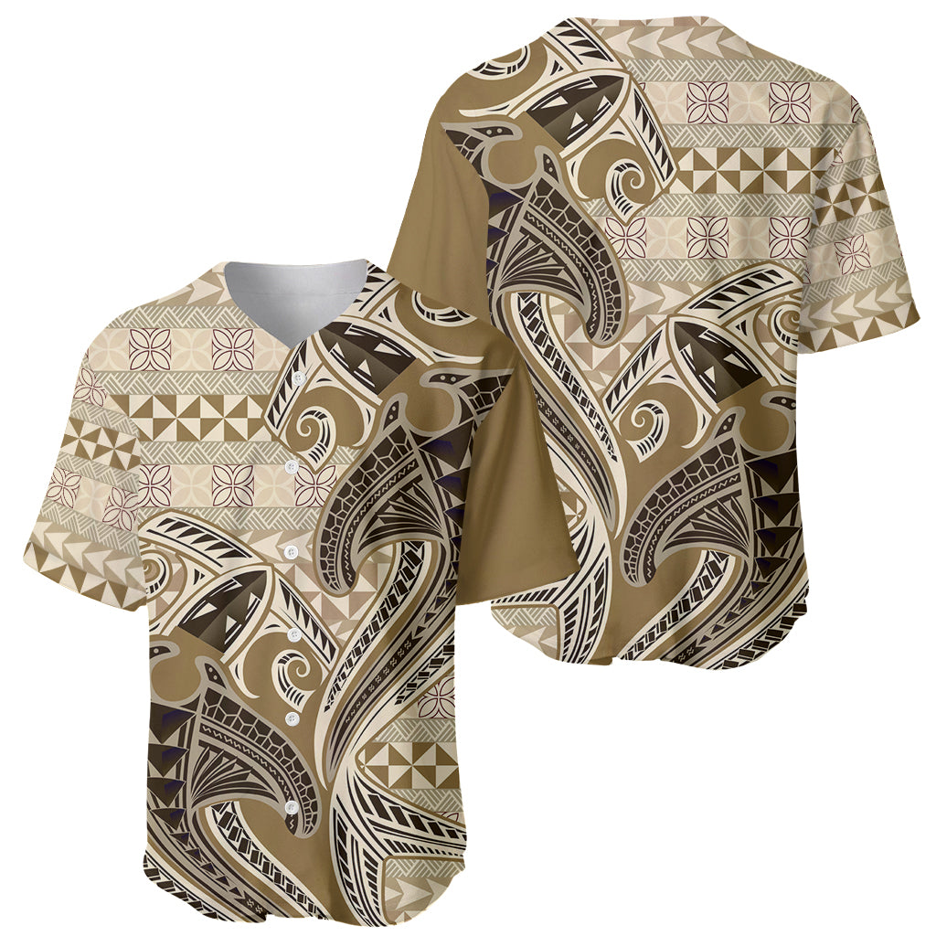 Vintage Hammerhead Shark Valentine Day Baseball Jersey Pasifika Sataoa Pattern - Beige Tan LT9 - Polynesian Pride
