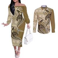 Vintage Hammerhead Shark Valentine Day Couples Matching Off The Shoulder Long Sleeve Dress and Long Sleeve Button Shirt Pasifika Sataoa Pattern - Beige Tan LT9 Beige Tan - Polynesian Pride