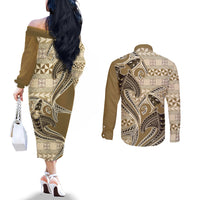 Vintage Hammerhead Shark Valentine Day Couples Matching Off The Shoulder Long Sleeve Dress and Long Sleeve Button Shirt Pasifika Sataoa Pattern - Beige Tan LT9 - Polynesian Pride