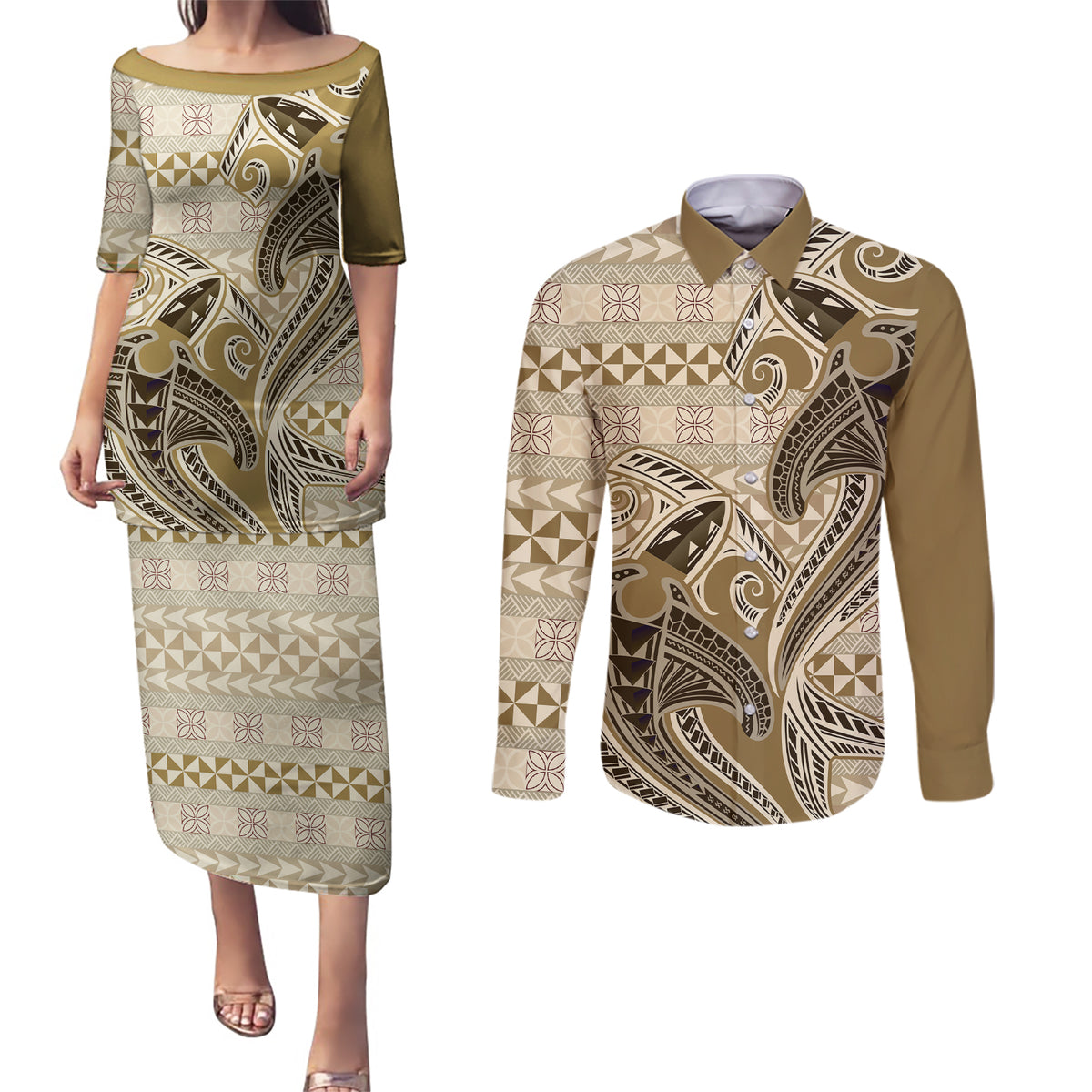 Vintage Hammerhead Shark Valentine Day Couples Matching Puletasi and Long Sleeve Button Shirt Pasifika Sataoa Pattern - Beige Tan LT9 Beige Tan - Polynesian Pride