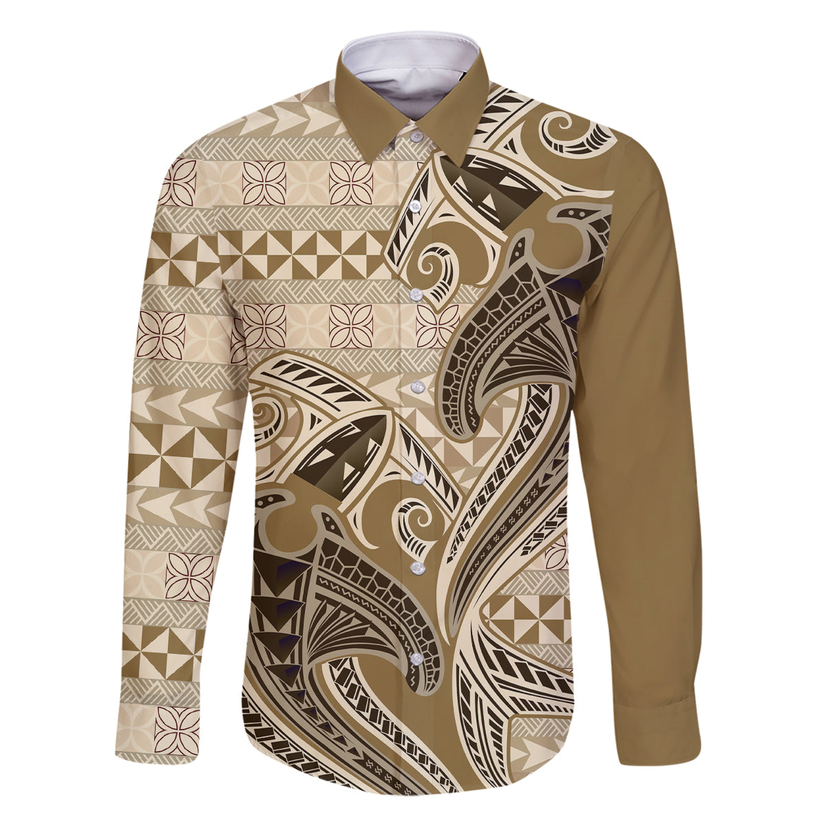 Vintage Hammerhead Shark Valentine Day Family Matching Long Sleeve Bodycon Dress and Hawaiian Shirt Pasifika Sataoa Pattern - Beige Tan LT9 Dad's Shirt - Long Sleeve Beige Tan - Polynesian Pride