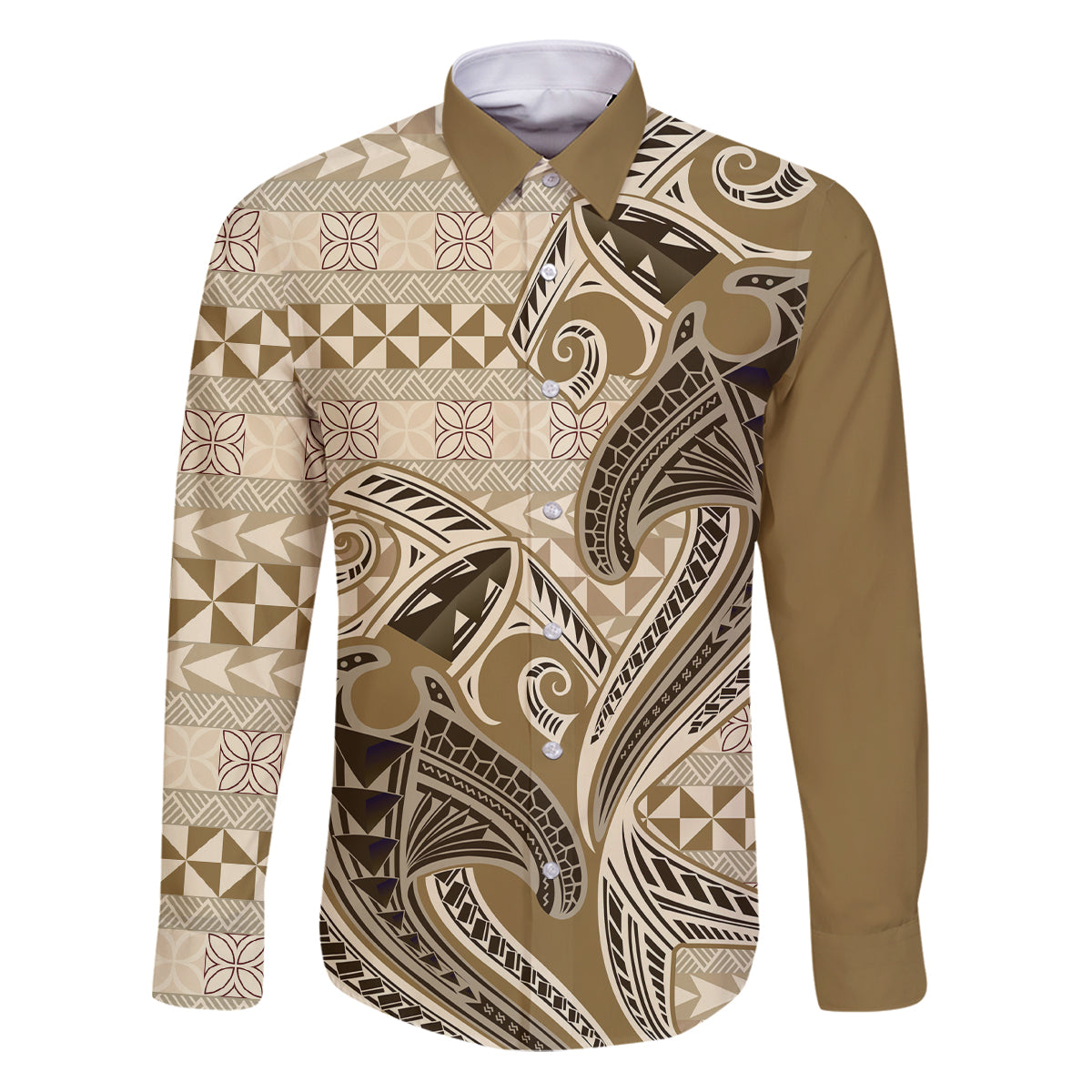 Vintage Hammerhead Shark Valentine Day Family Matching Puletasi and Hawaiian Shirt Pasifika Sataoa Pattern - Beige Tan LT9 Dad's Shirt - Long Sleeve Beige Tan - Polynesian Pride