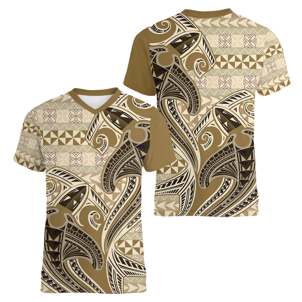 Vintage Hammerhead Shark Valentine Day Women V Neck T Shirt Pasifika Sataoa Pattern - Beige Tan LT9 - Polynesian Pride