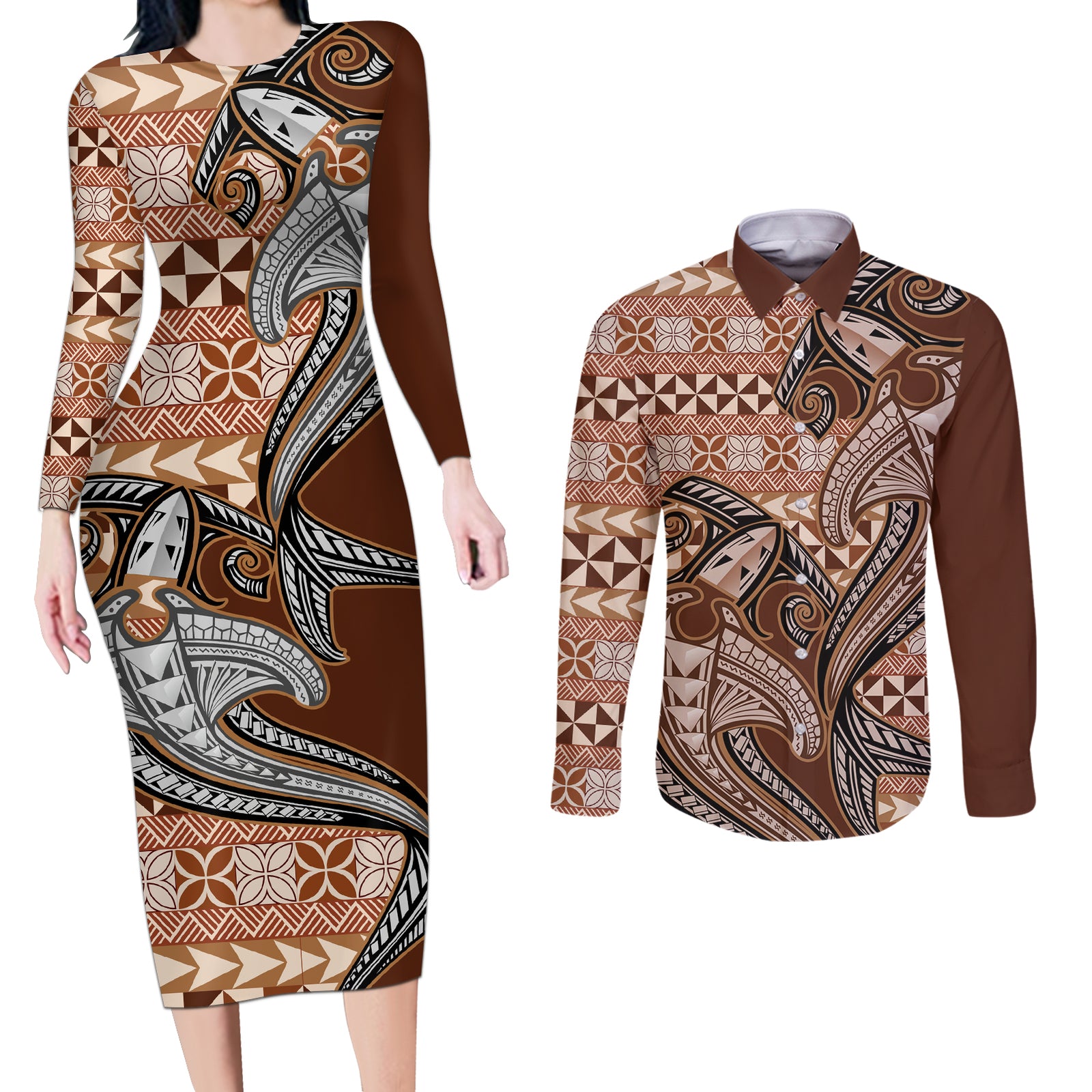 Vintage Hammerhead Shark Valentine Day Couples Matching Long Sleeve Bodycon Dress and Long Sleeve Button Shirt Pasifika Sataoa Pattern - Brown Beige Tan LT9 Brown - Polynesian Pride