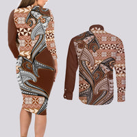 Vintage Hammerhead Shark Valentine Day Couples Matching Long Sleeve Bodycon Dress and Long Sleeve Button Shirt Pasifika Sataoa Pattern - Brown Beige Tan LT9 - Polynesian Pride
