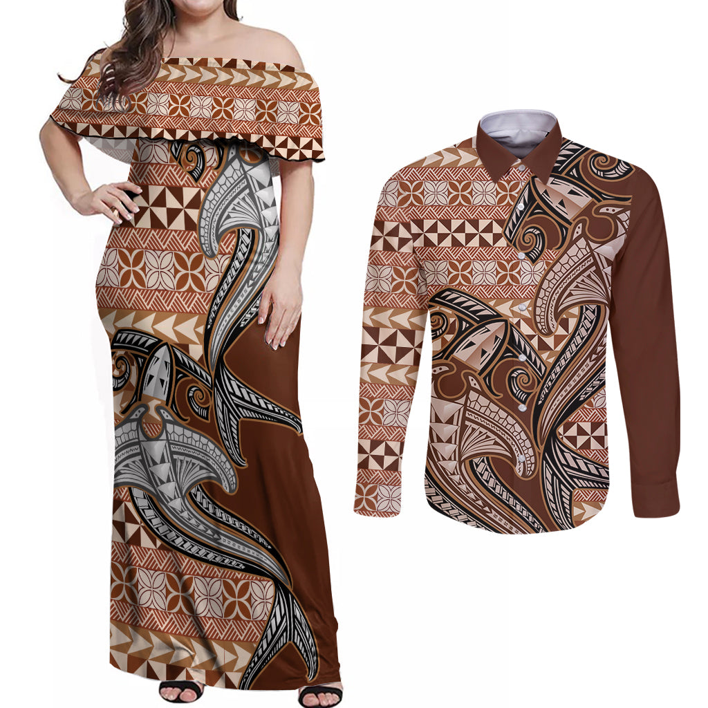 Vintage Hammerhead Shark Valentine Day Couples Matching Off Shoulder Maxi Dress and Long Sleeve Button Shirt Pasifika Sataoa Pattern - Brown Beige Tan LT9 Brown - Polynesian Pride