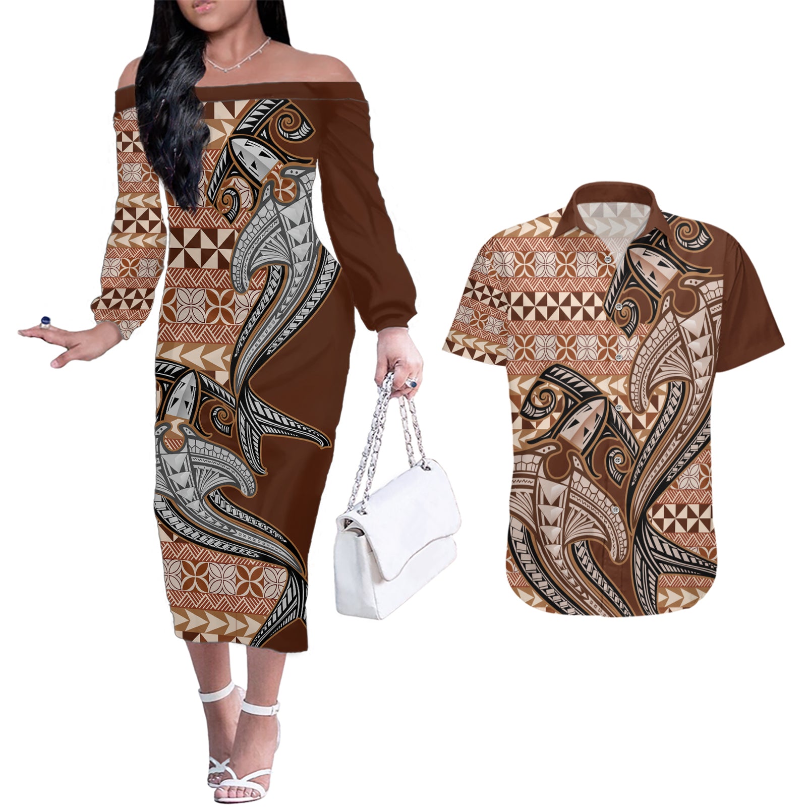 Vintage Hammerhead Shark Valentine Day Couples Matching Off The Shoulder Long Sleeve Dress and Hawaiian Shirt Pasifika Sataoa Pattern - Brown Beige Tan LT9 Brown - Polynesian Pride