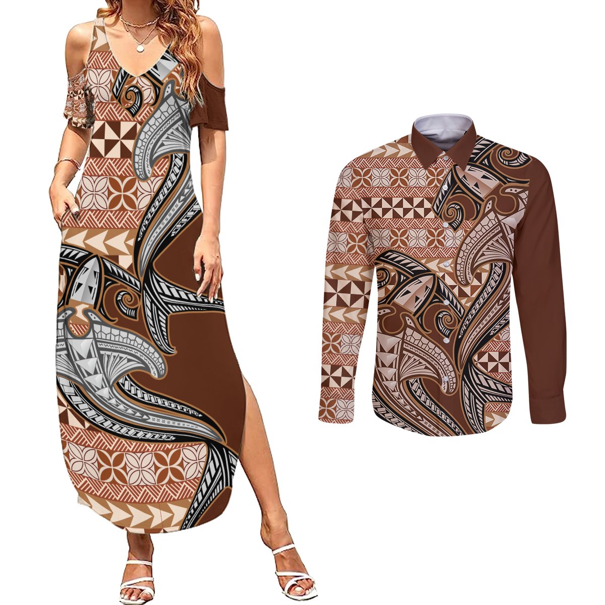 Vintage Hammerhead Shark Valentine Day Couples Matching Summer Maxi Dress and Long Sleeve Button Shirt Pasifika Sataoa Pattern - Brown Beige Tan LT9 Brown - Polynesian Pride