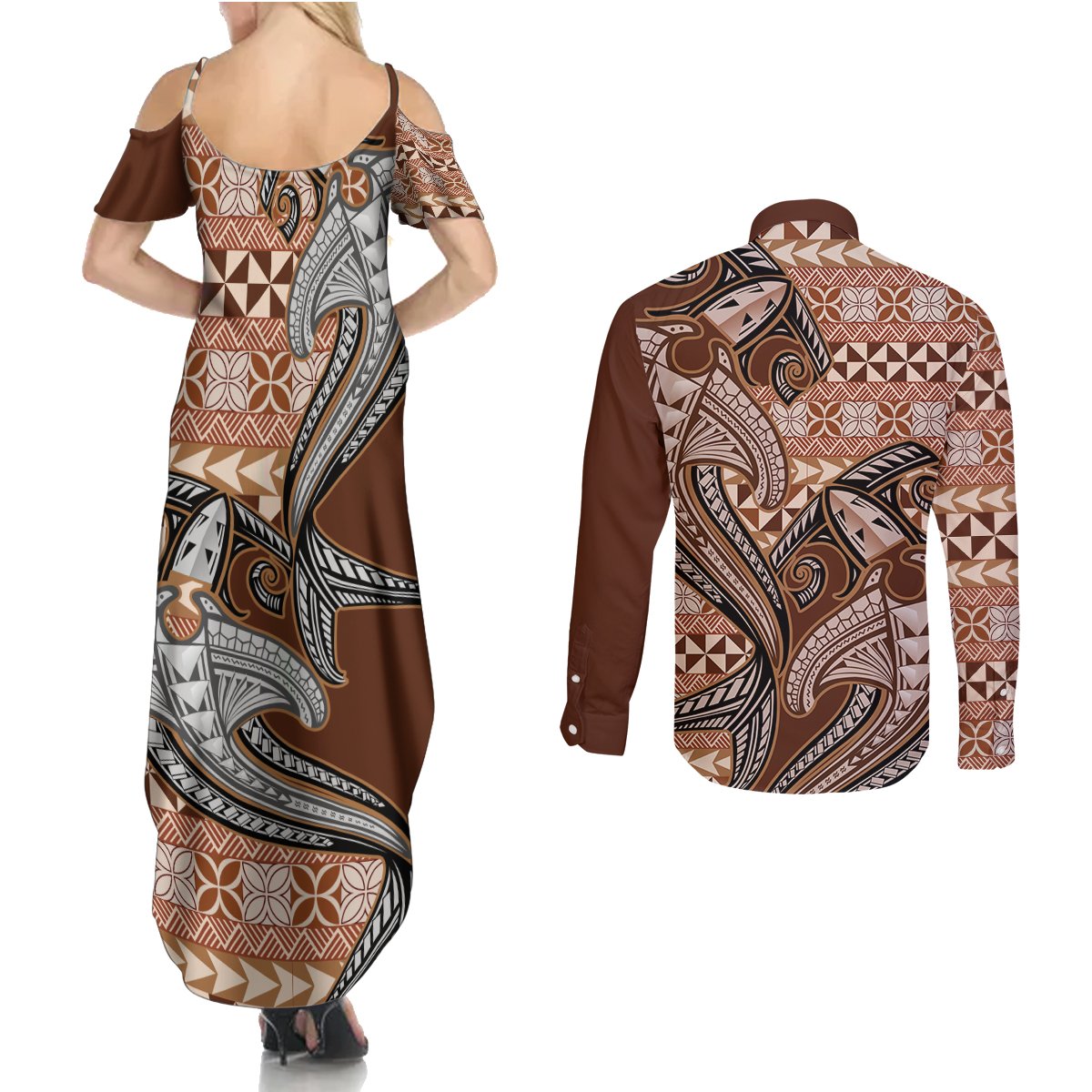 Vintage Hammerhead Shark Valentine Day Couples Matching Summer Maxi Dress and Long Sleeve Button Shirt Pasifika Sataoa Pattern - Brown Beige Tan LT9 - Polynesian Pride