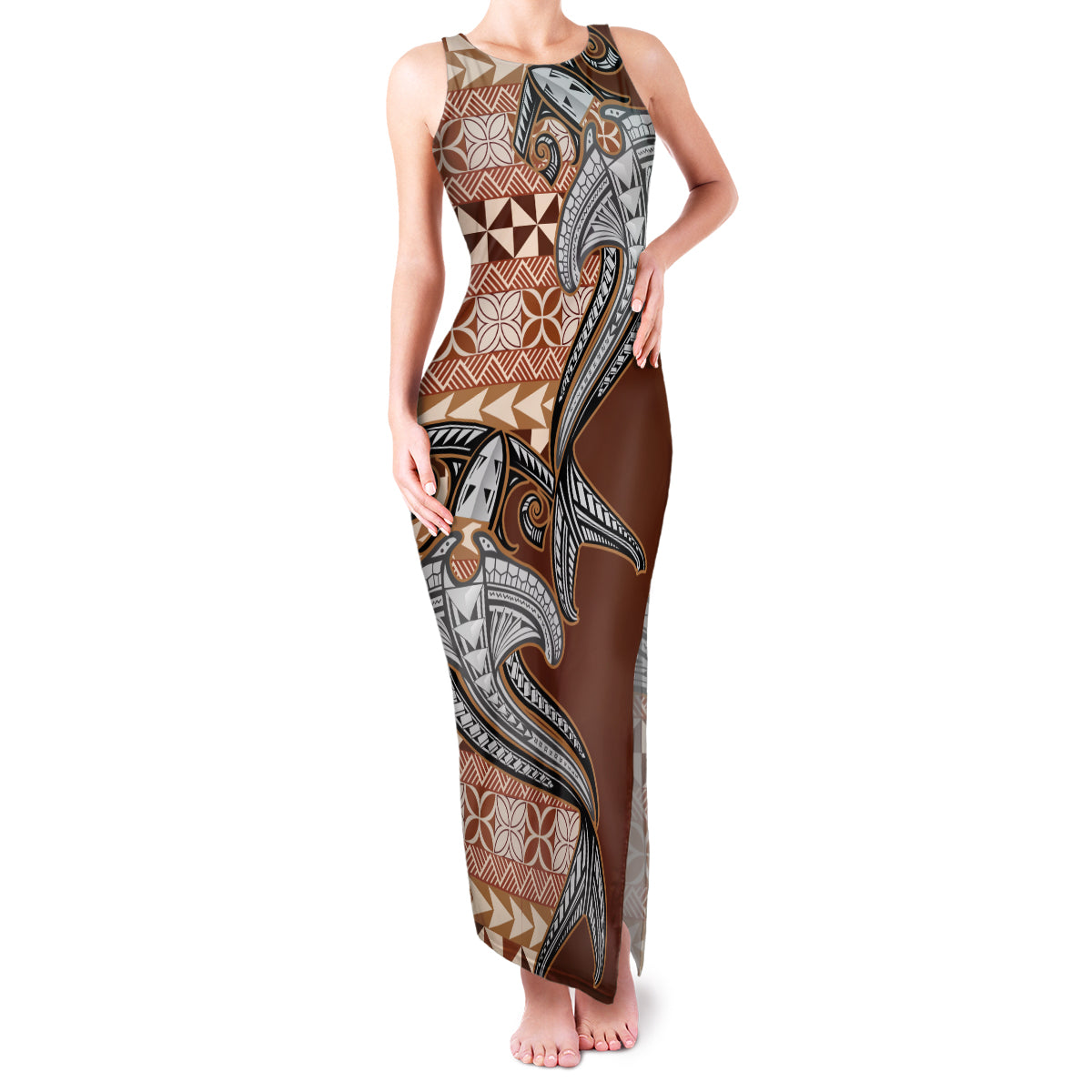 Vintage Hammerhead Shark Valentine Day Family Matching Tank Maxi Dress and Hawaiian Shirt Pasifika Sataoa Pattern - Brown Beige Tan LT9 Mom's Dress Brown - Polynesian Pride