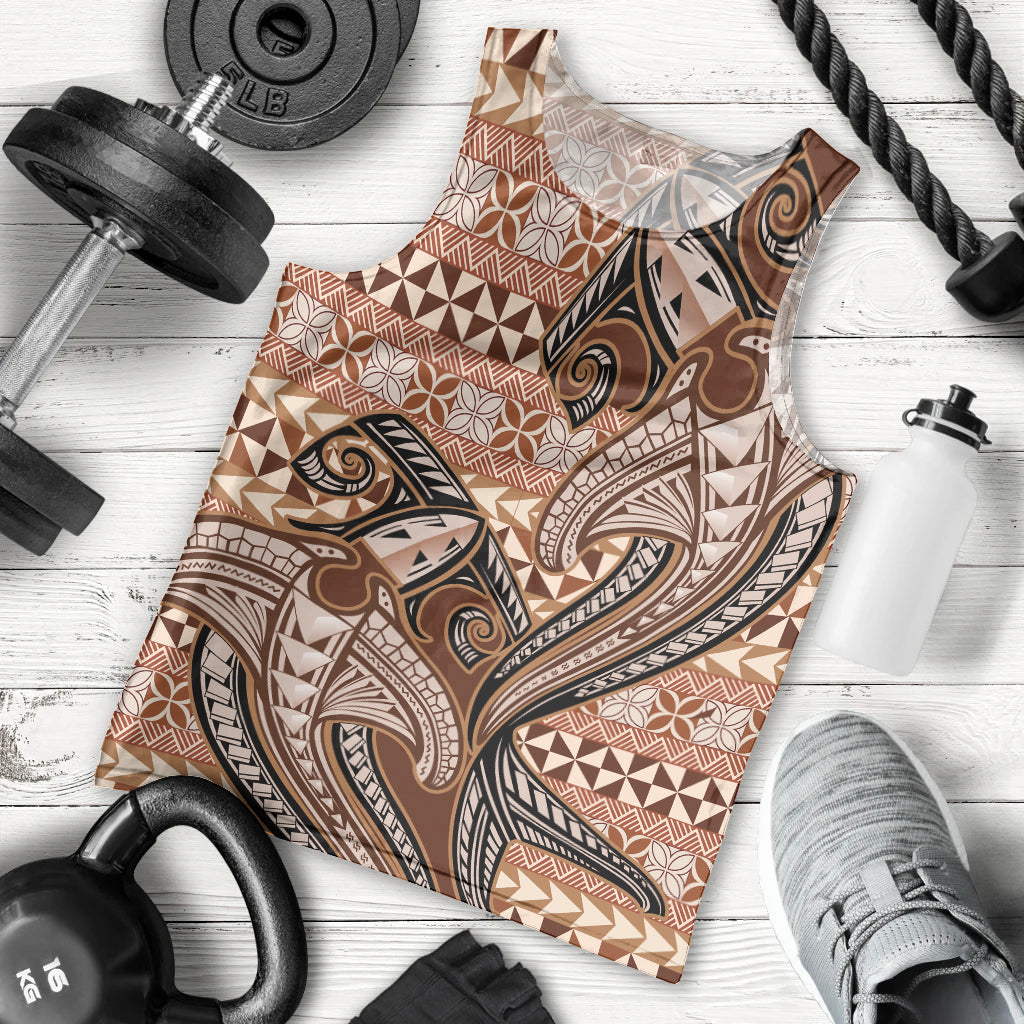 Vintage Hammerhead Shark Valentine Day Men Tank Top Pasifika Sataoa Pattern - Brown Beige Tan LT9 - Polynesian Pride
