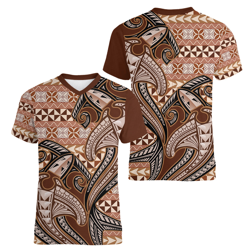 Vintage Hammerhead Shark Valentine Day Women V Neck T Shirt Pasifika Sataoa Pattern - Brown Beige Tan LT9 - Polynesian Pride