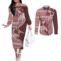 Vintage Hammerhead Shark Valentine Day Couples Matching Off The Shoulder Long Sleeve Dress and Long Sleeve Button Shirt Pasifika Sataoa Pattern - Cherry LT9 Cherry - Polynesian Pride