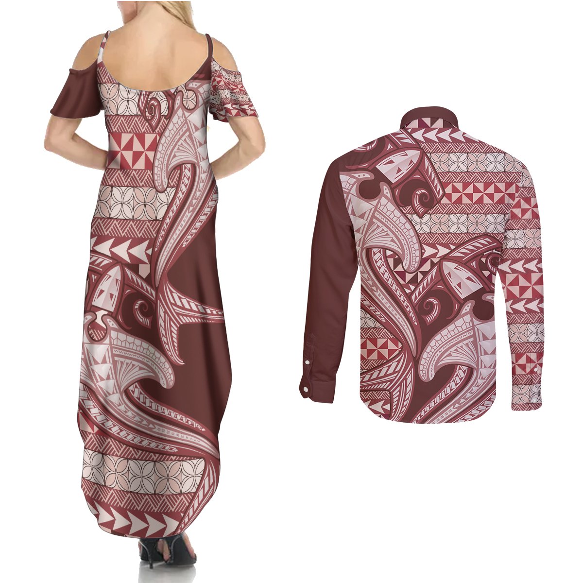 Vintage Hammerhead Shark Valentine Day Couples Matching Summer Maxi Dress and Long Sleeve Button Shirt Pasifika Sataoa Pattern - Cherry LT9 - Polynesian Pride
