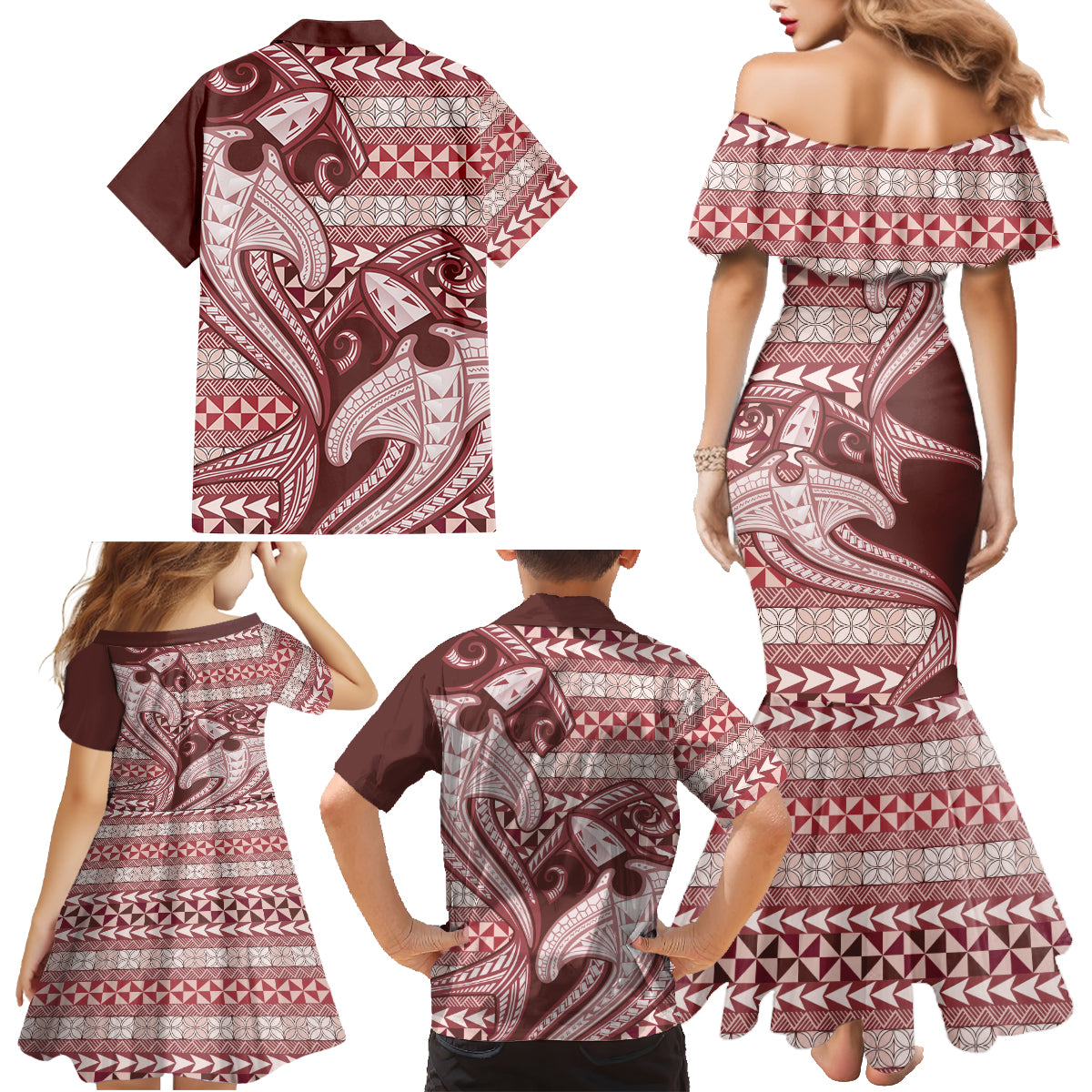 Vintage Hammerhead Shark Valentine Day Family Matching Mermaid Dress and Hawaiian Shirt Pasifika Sataoa Pattern - Cherry LT9 - Polynesian Pride