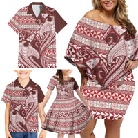 Vintage Hammerhead Shark Valentine Day Family Matching Off Shoulder Short Dress and Hawaiian Shirt Pasifika Sataoa Pattern - Cherry LT9 - Polynesian Pride