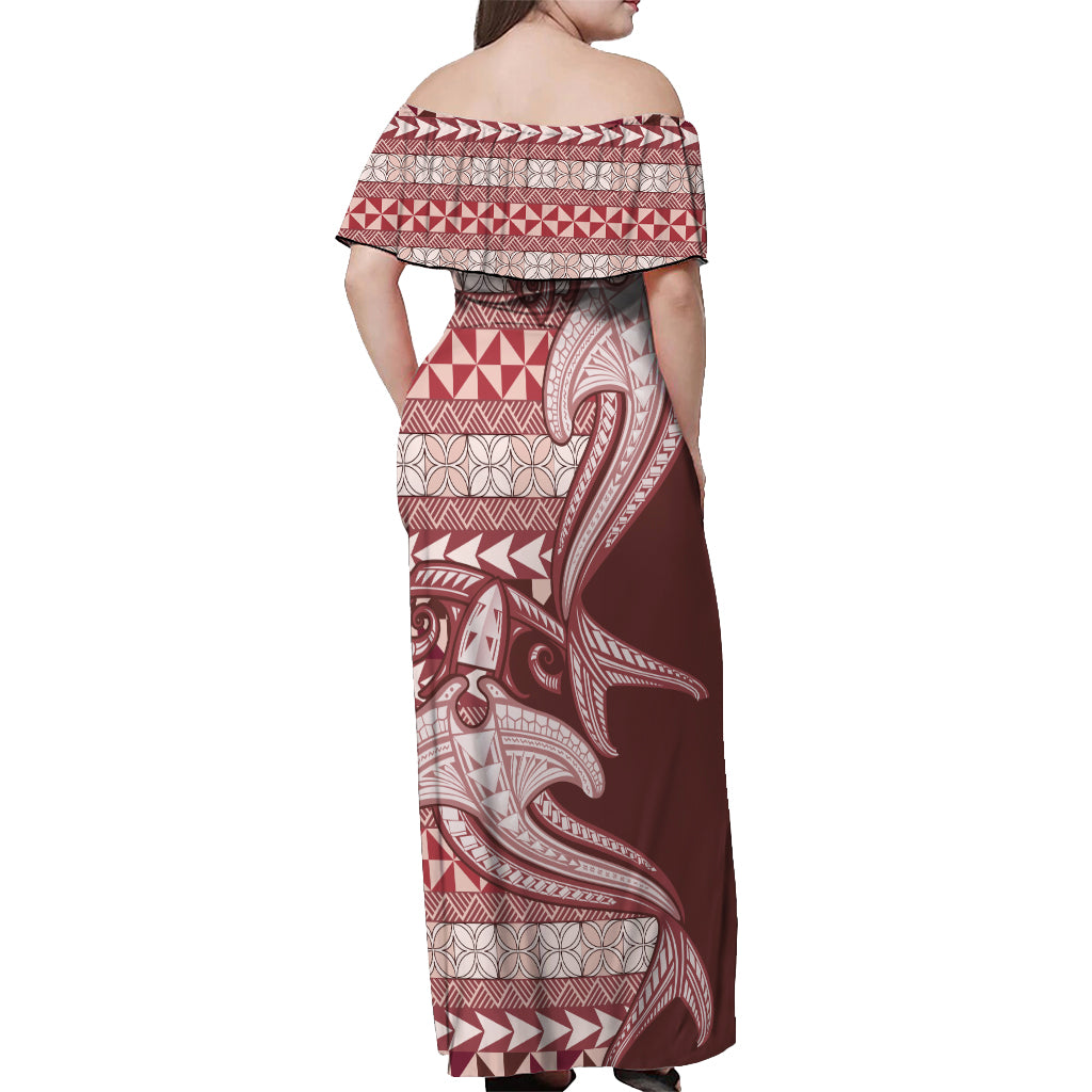 Vintage Hammerhead Shark Valentine Day Off Shoulder Maxi Dress Pasifika Sataoa Pattern - Cherry LT9 - Polynesian Pride