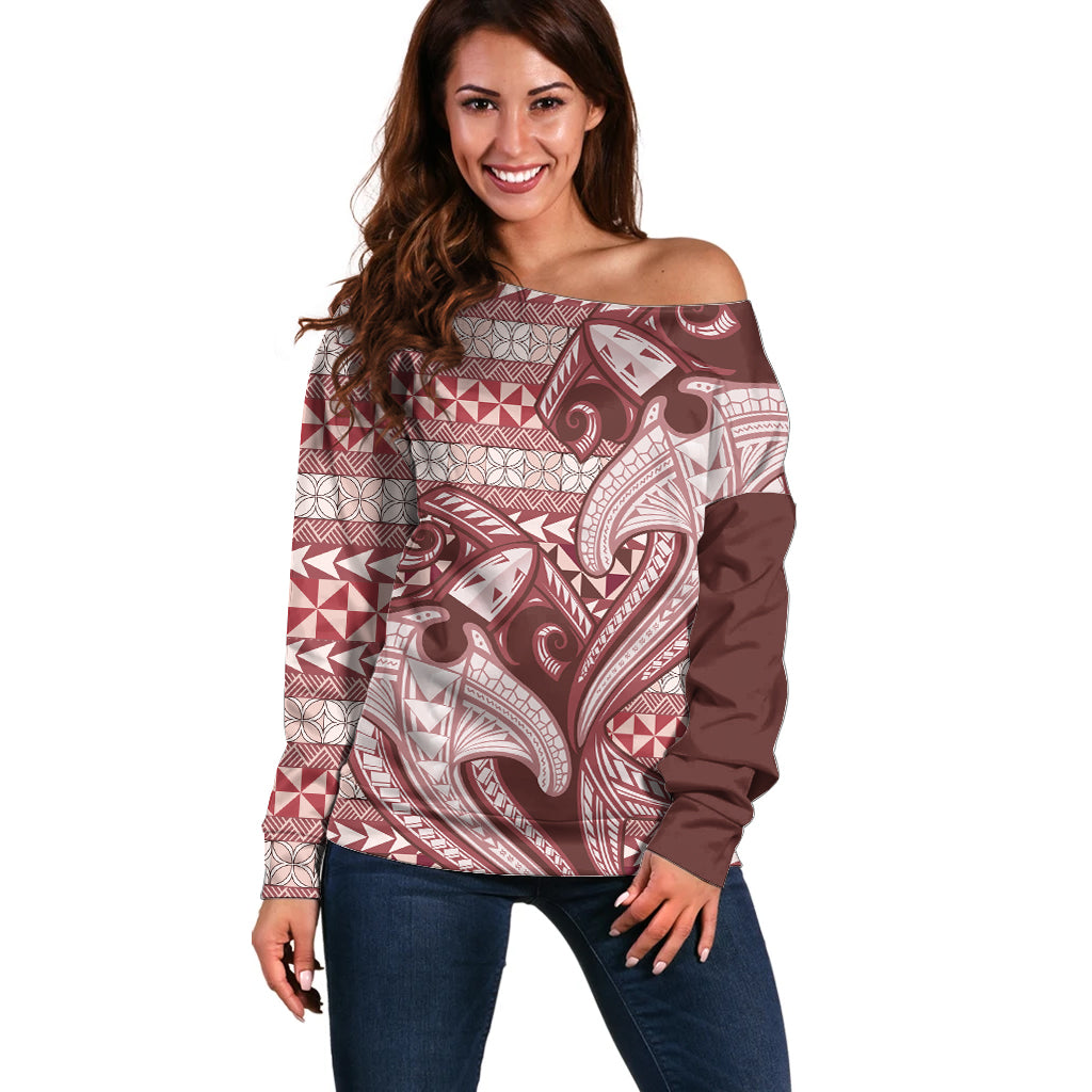Vintage Hammerhead Shark Valentine Day Off Shoulder Sweater Pasifika Sataoa Pattern - Cherry LT9 Women Cherry - Polynesian Pride