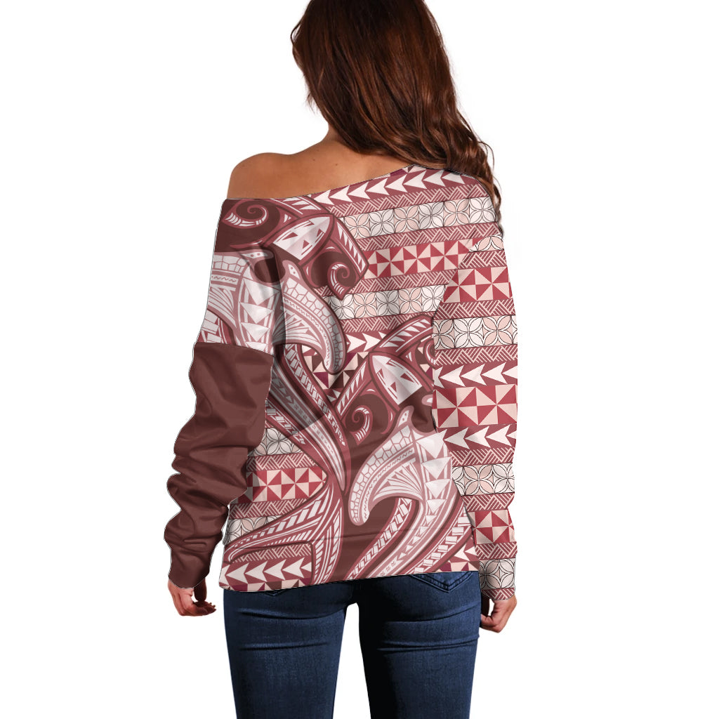 Vintage Hammerhead Shark Valentine Day Off Shoulder Sweater Pasifika Sataoa Pattern - Cherry LT9 - Polynesian Pride