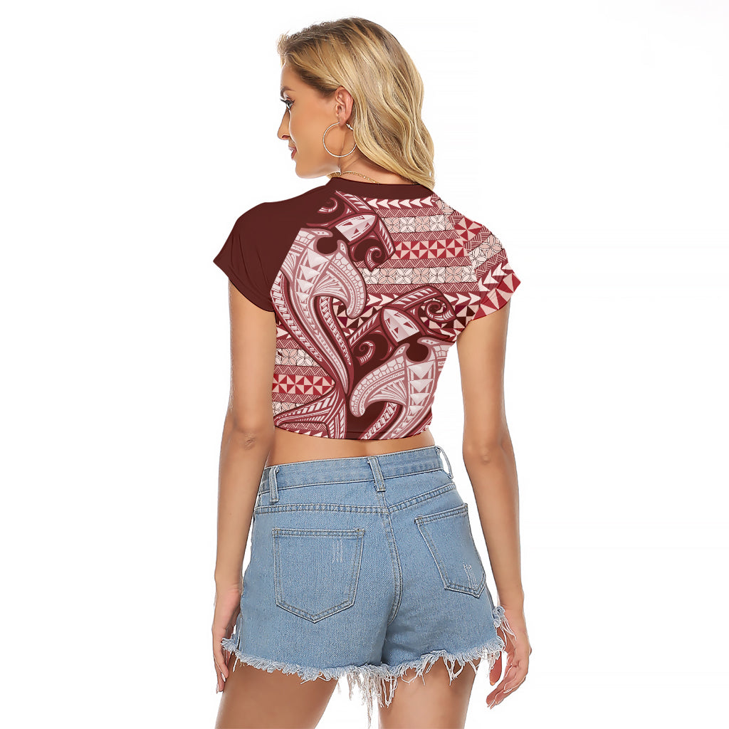 Vintage Hammerhead Shark Valentine Day Raglan Cropped T Shirt Pasifika Sataoa Pattern - Cherry LT9 - Polynesian Pride