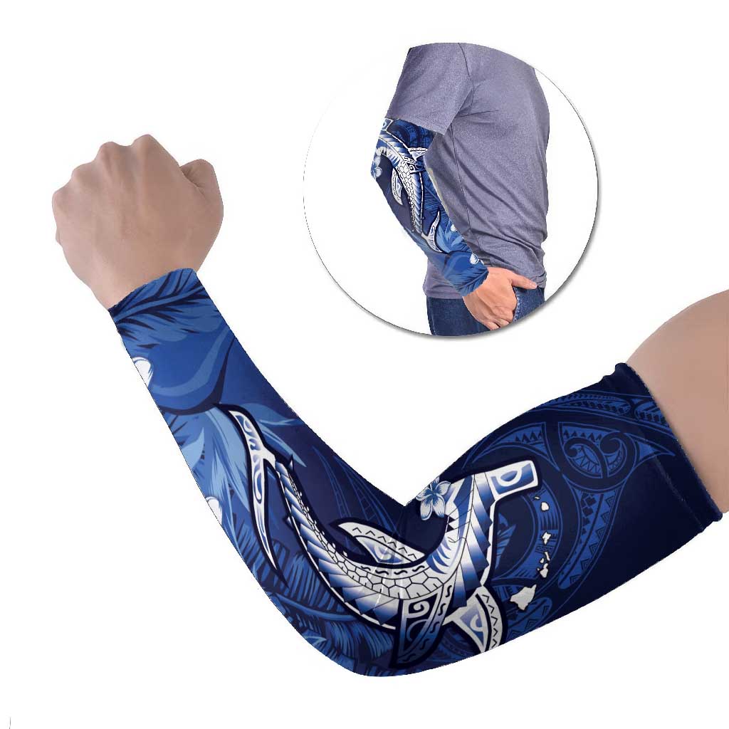 Personalized Hawaiian Maori Hammerhead Shark Arm Sleeves Polu Plumeria LT9 Set of 2 Blue - Polynesian Pride